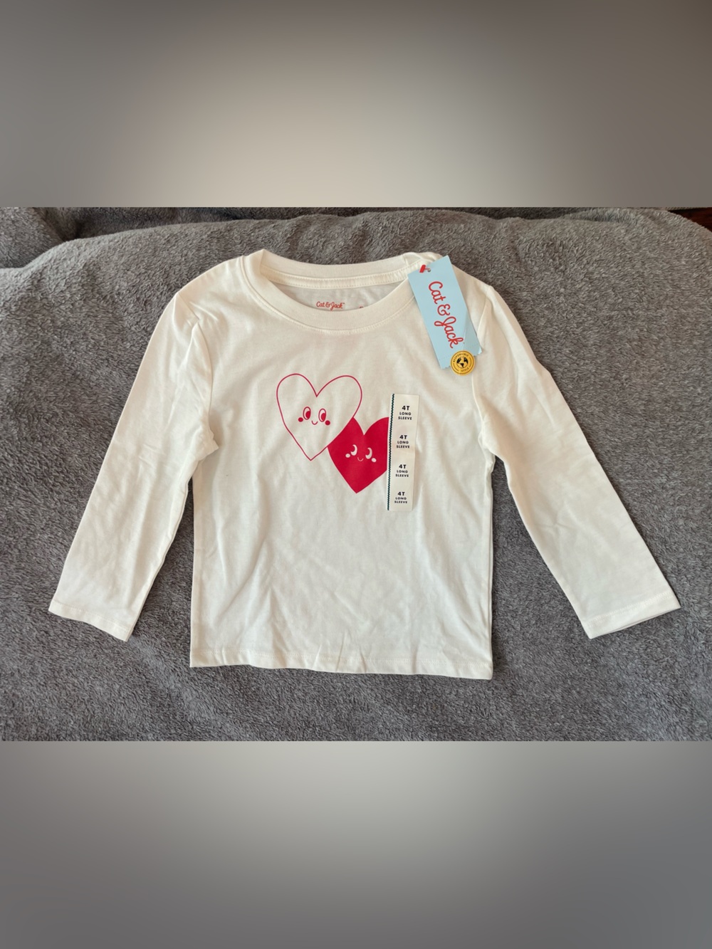 Cat & Jack Cream Long-Sleeve Tee with Pink and Red Heart Faces